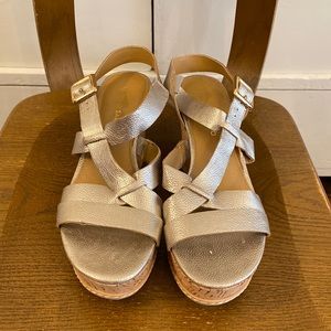 Franco Sarto Silver + Cork Summer Wedge Sandal Sz 8M